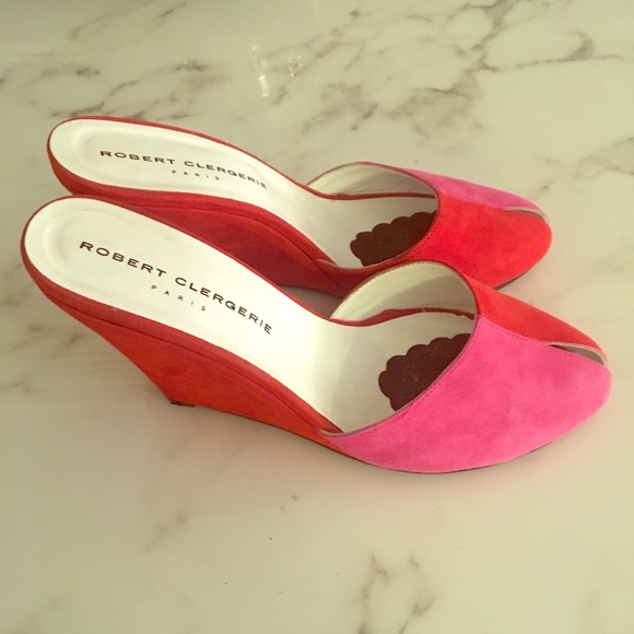 Robert Clergerie Pink Red Suede Peeptoe Wedge Mule - Picture 2 of 8